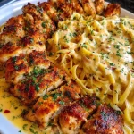 Cajun Garlic Butter Chicken served on creamy Parmesan linguine in a dish