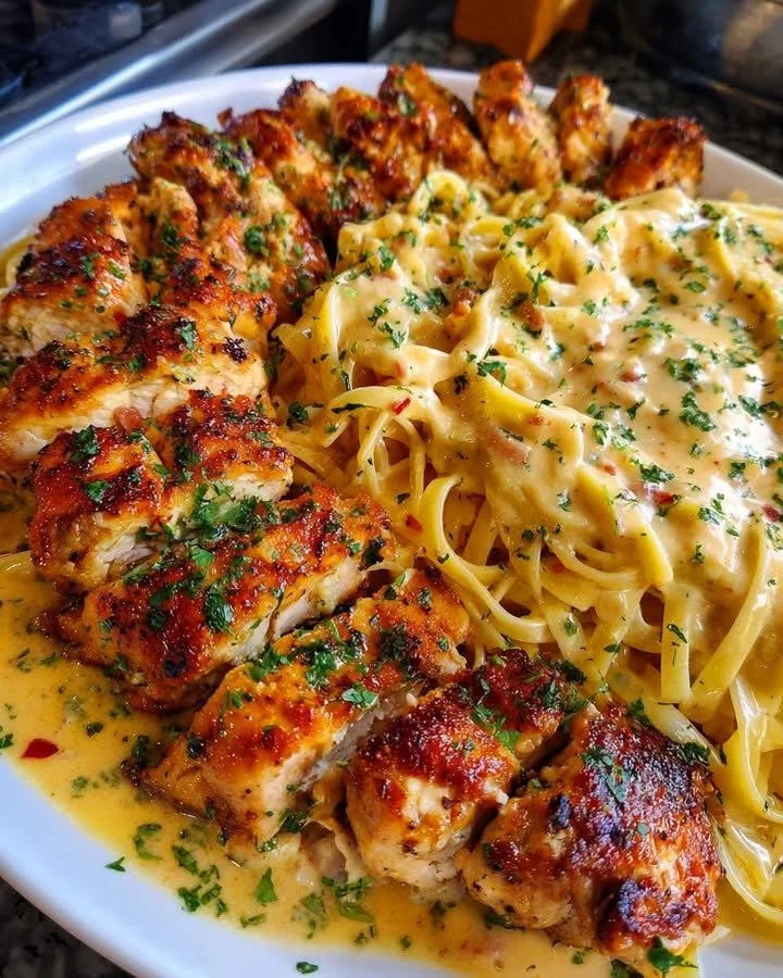 Cajun Garlic Butter Chicken served on creamy Parmesan linguine in a dish