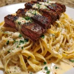 Cajun Garlic Butter Steak served on a bed of Creamy Parmesan Linguine.