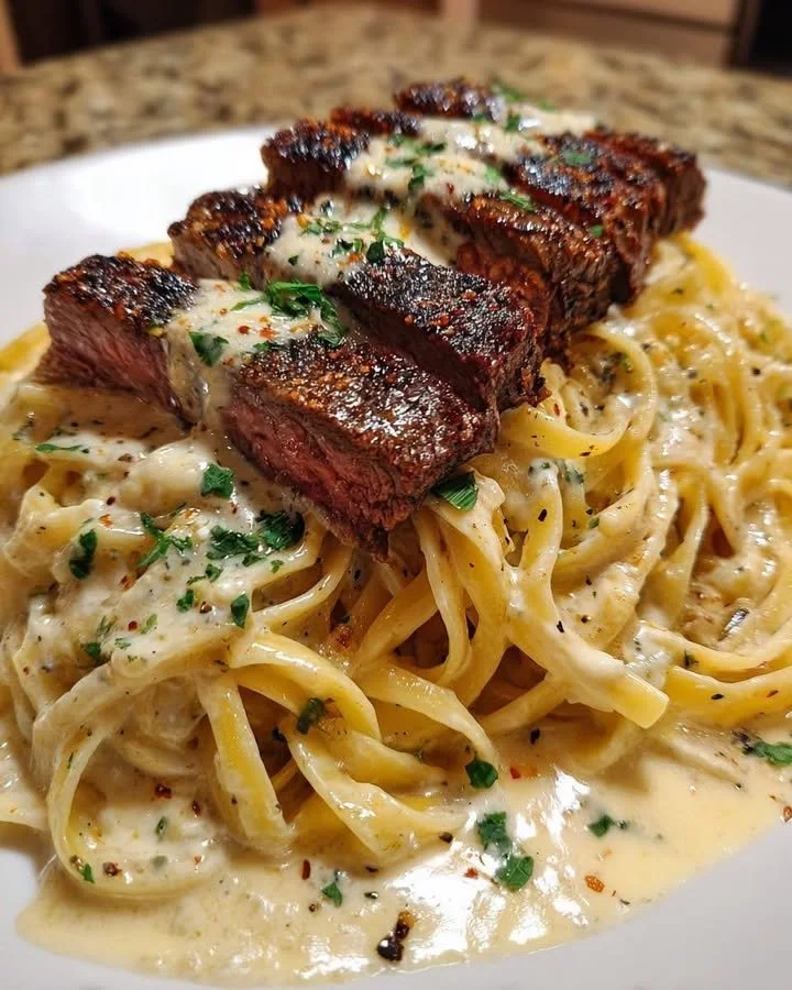Cajun Garlic Butter Steak served on a bed of Creamy Parmesan Linguine.