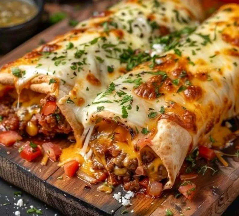 Delicious cheeseburger enchiladas topped with cheese and garnishes