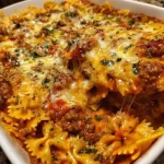 Cheesy bowtie casserole topped with ground beef and melted cheese