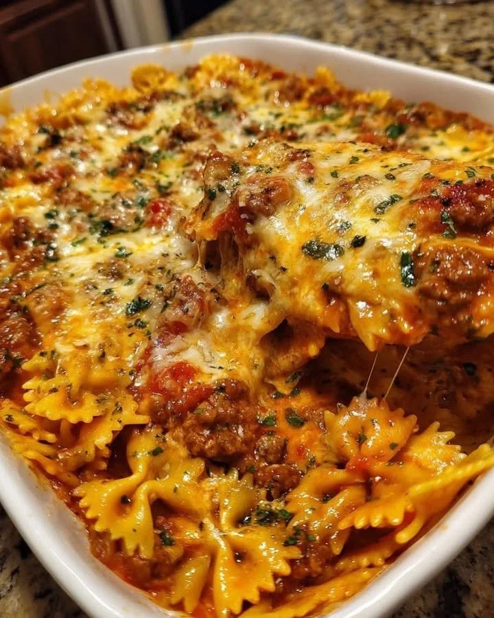 Cheesy bowtie casserole topped with ground beef and melted cheese