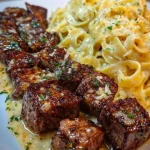 Cheesy garlic steak bites on creamy linguine pasta dish