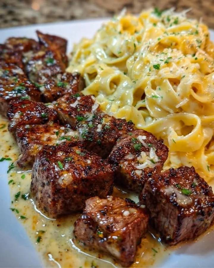Cheesy garlic steak bites on creamy linguine pasta dish