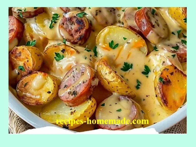 A bowl of Cheesy Ranch Potatoes with smoked sausage, garnished with green onions.