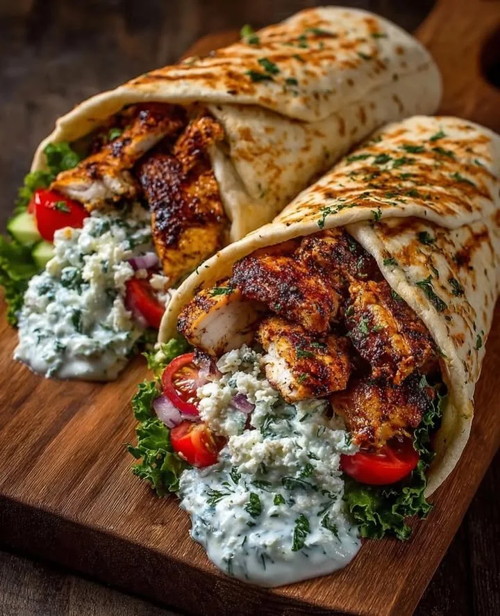 Delicious Chicken Gyros served with fresh veggies and tzatziki sauce
