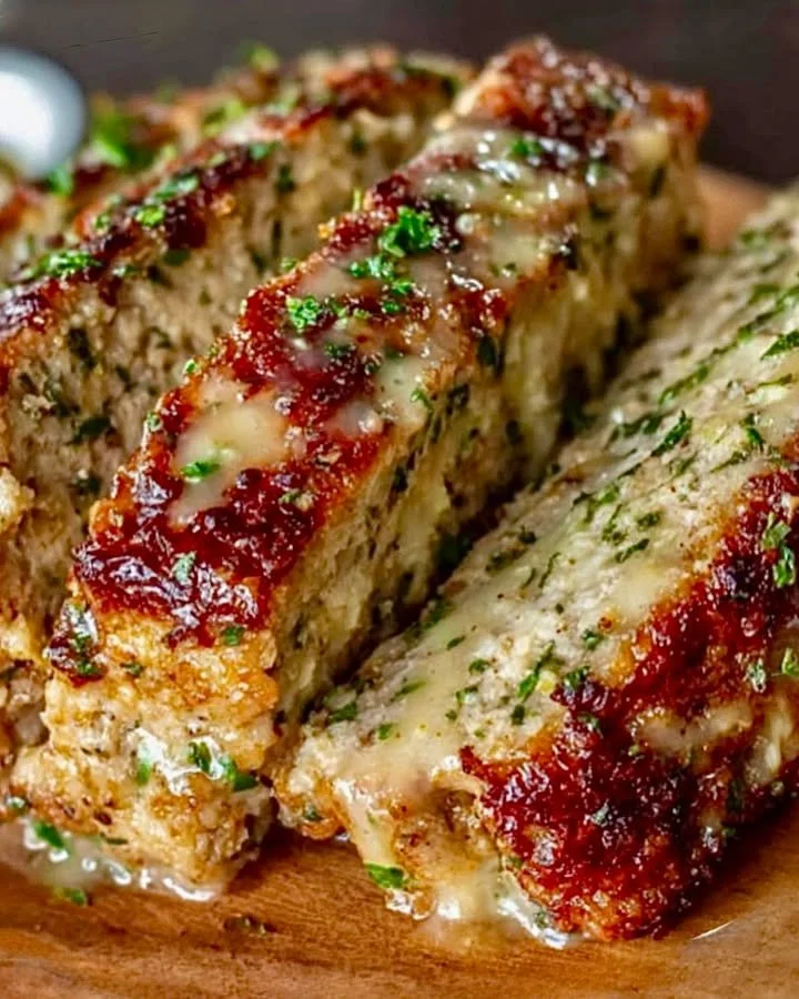Juicy Chicken Meatloaf served with vegetables on a plate