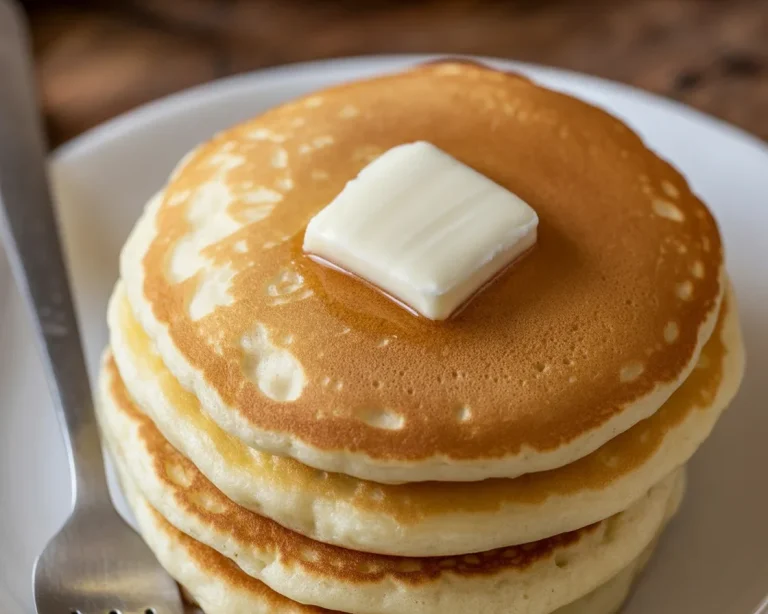Stack of fluffy classic pancakes topped with butter and maple syrup
