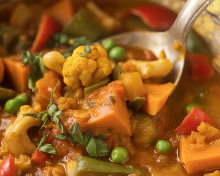 A bowl of homemade vegetable curry with vibrant vegetables and aromatic spices.
