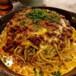Creamy beef spaghetti with three cheese Parmesan sauce served in a bowl