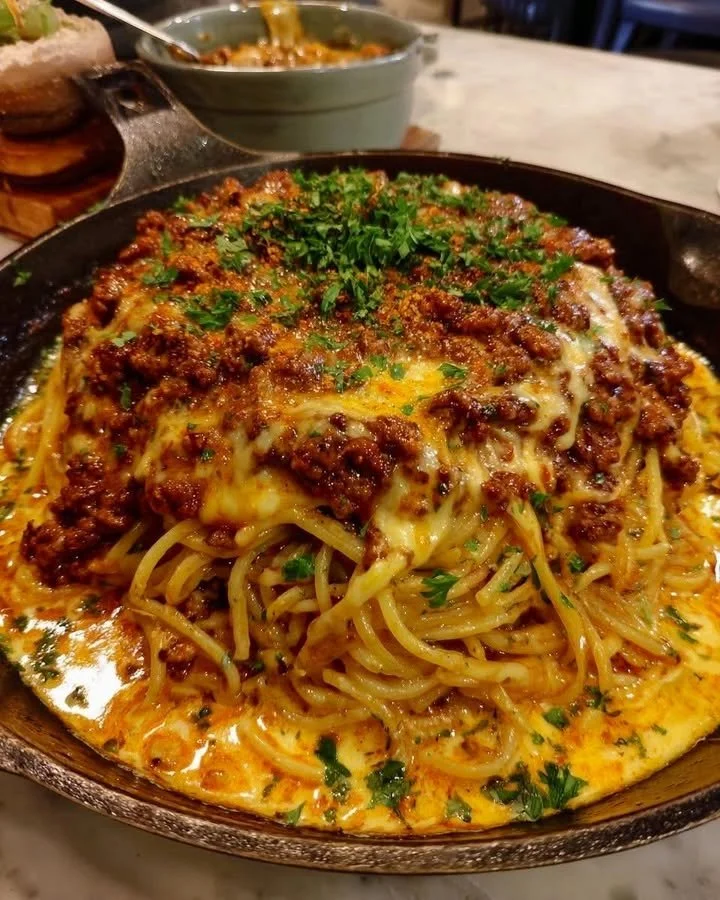 Creamy beef spaghetti with three cheese Parmesan sauce served in a bowl