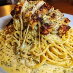 Creamy Cajun Chicken Spaghetti topped with melted garlic mozzarella sauce