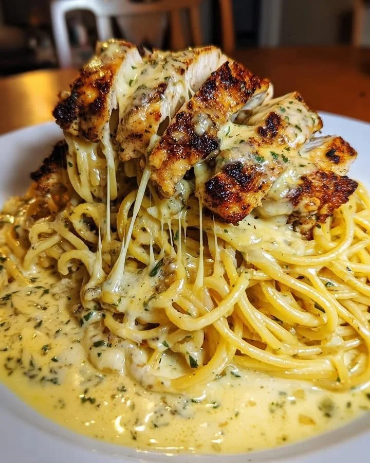 Creamy Cajun Chicken Spaghetti topped with melted garlic mozzarella sauce