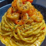 Plate of creamy cheddar sauced linguine with shrimp and herbs