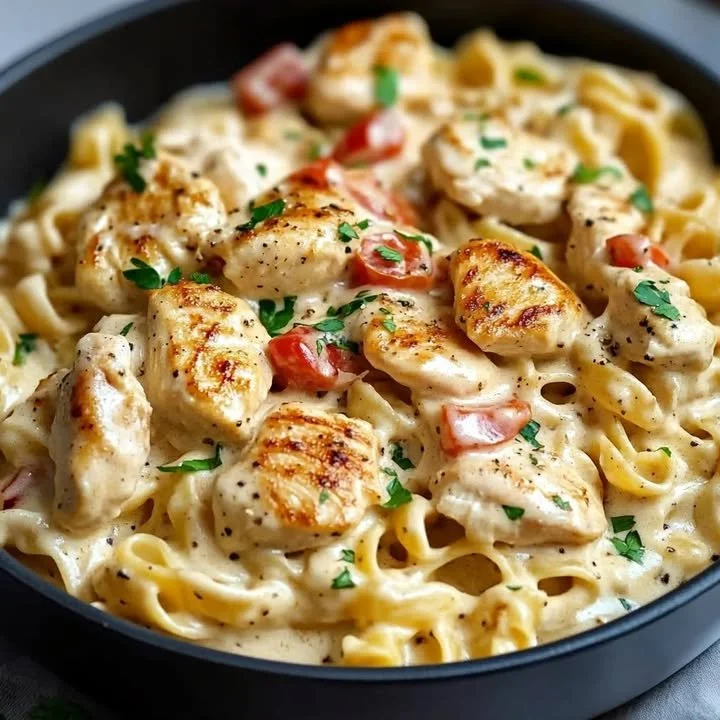 Creamy chicken pasta dish with Italian flavors in a white bowl