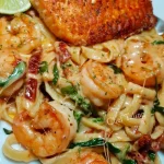 Delicious creamy melt shrimp fettuccine dish served in a bowl