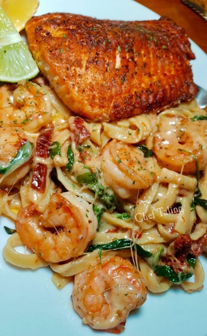 Delicious creamy melt shrimp fettuccine dish served in a bowl