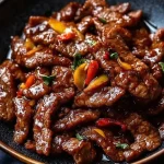 Plate of Crispy Chili Beef garnished with herbs and spices