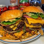 Date night double cheeseburgers served with cheese fries