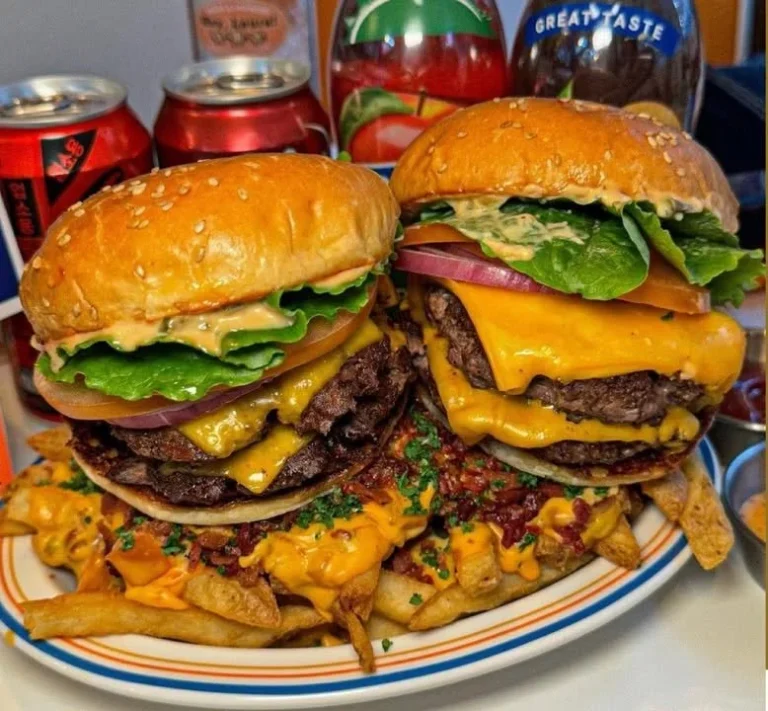 Date night double cheeseburgers served with cheese fries