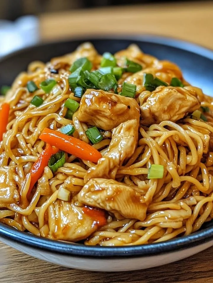 Delicious easy chicken chow mein served with colorful vegetables