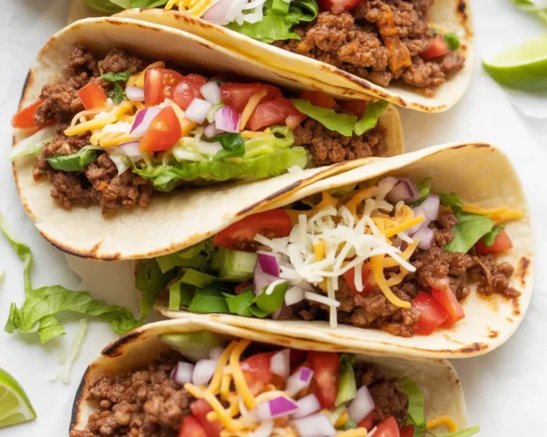 Delicious beef tacos with seasoned ground beef and crispy taco shells.