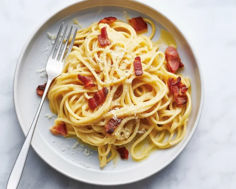 Plate of delicious Spaghetti Carbonara with eggs, bacon, and cheese.
