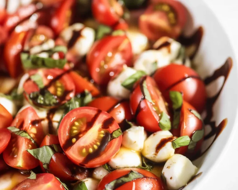 Delicious Caprese salad with ripe tomatoes, mozzarella, fresh basil, and balsamic glaze.