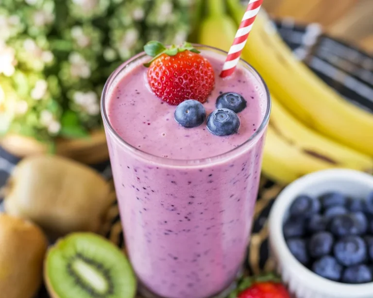 Colorful fruit smoothie made with bananas, strawberries, and yogurt in a glass.