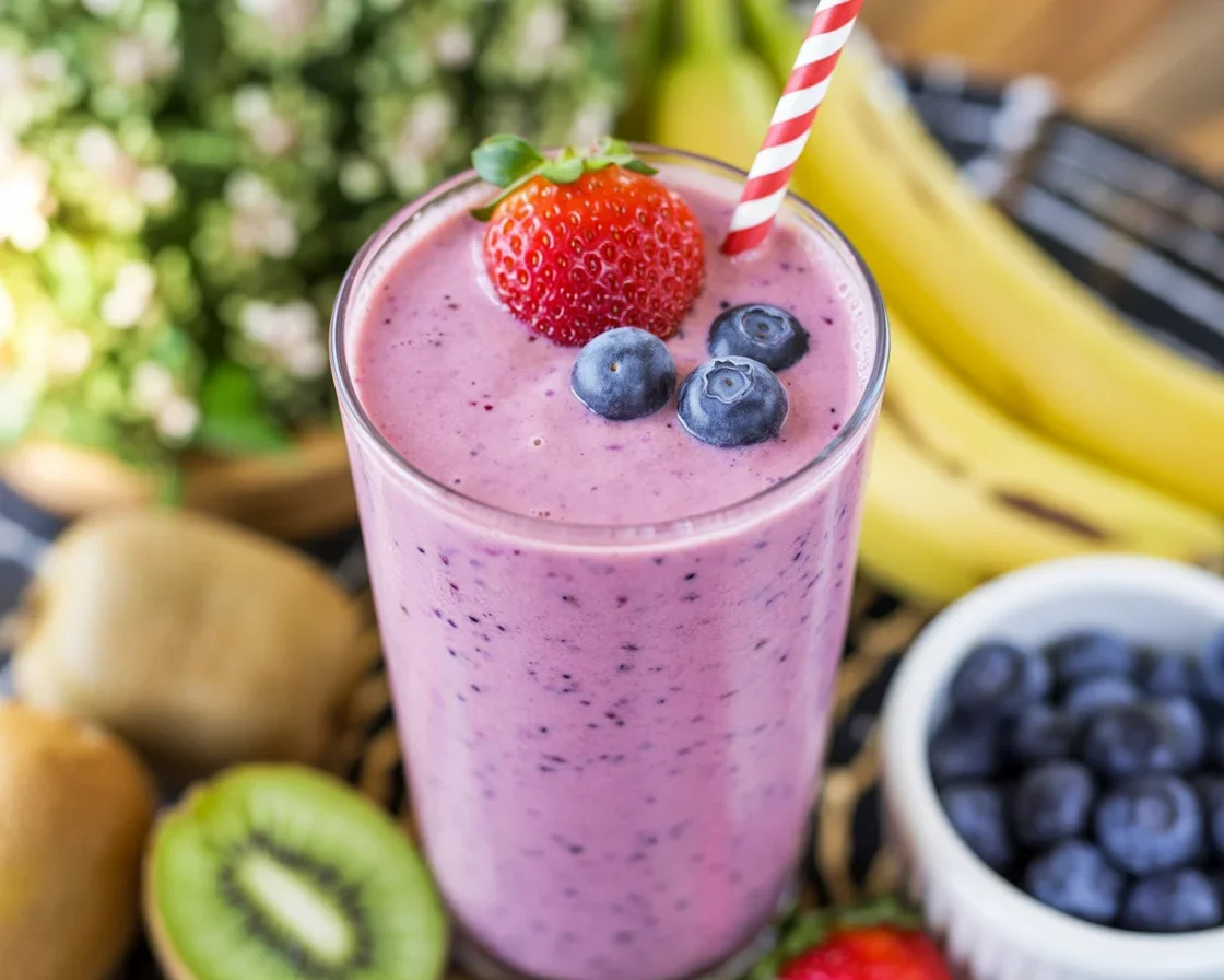 Colorful fruit smoothie made with bananas, strawberries, and yogurt in a glass.