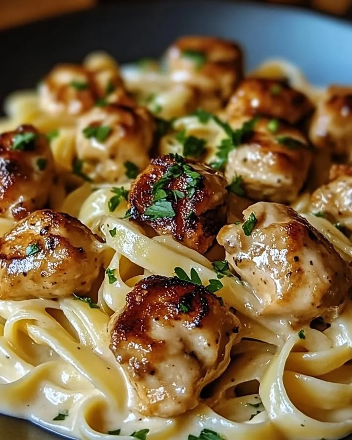 Garlic Butter Chicken bites served over creamy Parmesan pasta in a tasty dish.
