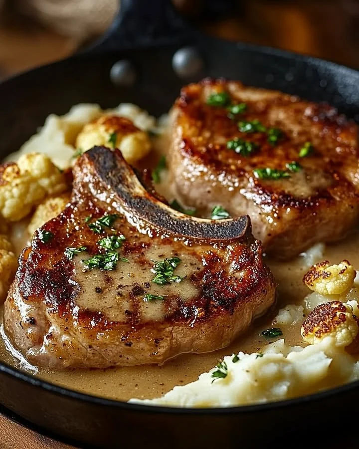 Garlic Butter Pork Chops served with creamy potato casserole on a plate.