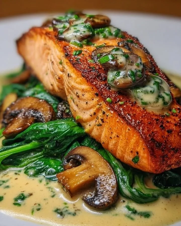 Garlic Butter Salmon served with Spinach and Mushrooms on a plate