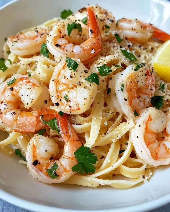 Plate of garlic butter shrimp linguine garnished with herbs and lemon slices.