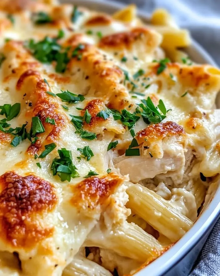 Garlic Parmesan Chicken Alfredo Bake topped with cheese and herbs
