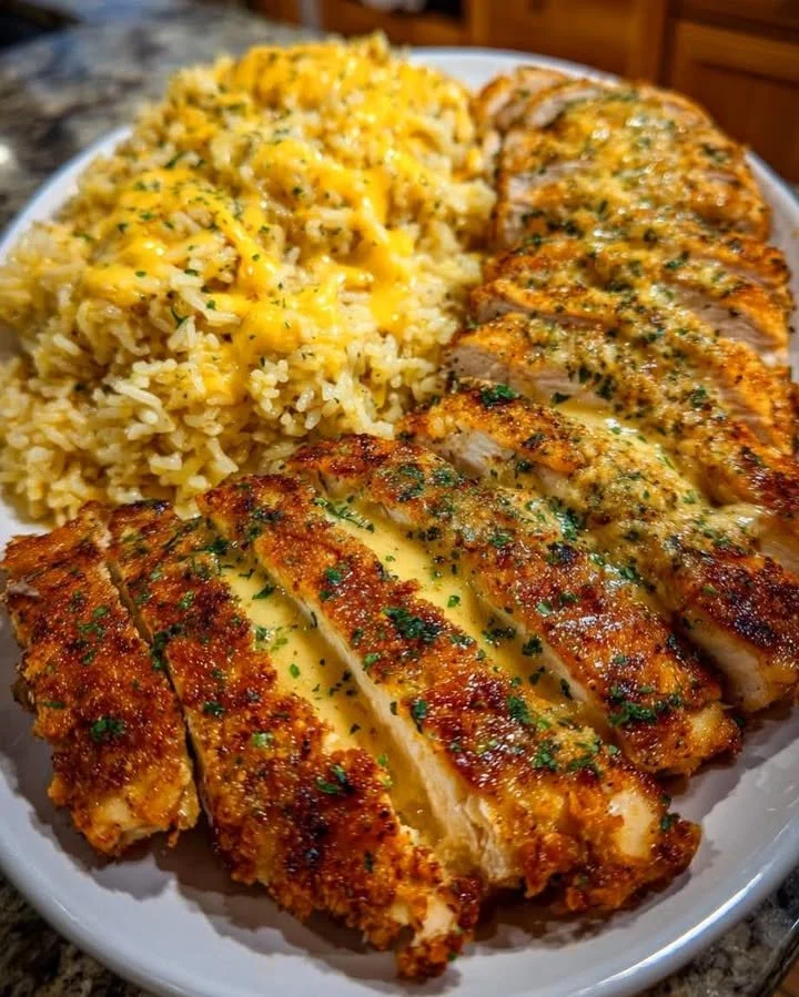 Golden Garlic Parmesan Chicken served with creamy Cajun butter rice