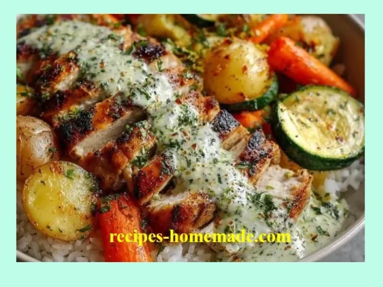 Delicious grilled chicken with roasted vegetables and herb sauce served over rice.