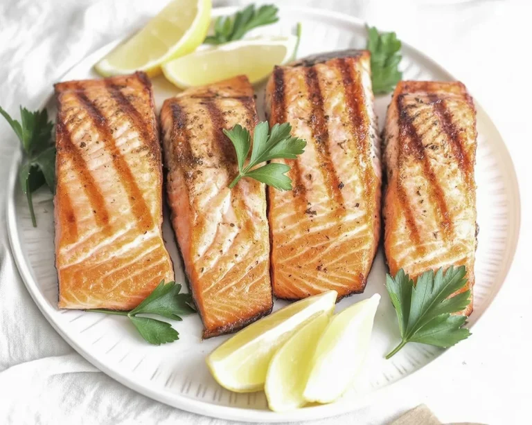 Perfectly grilled salmon fillet on a grill with herbs and spices