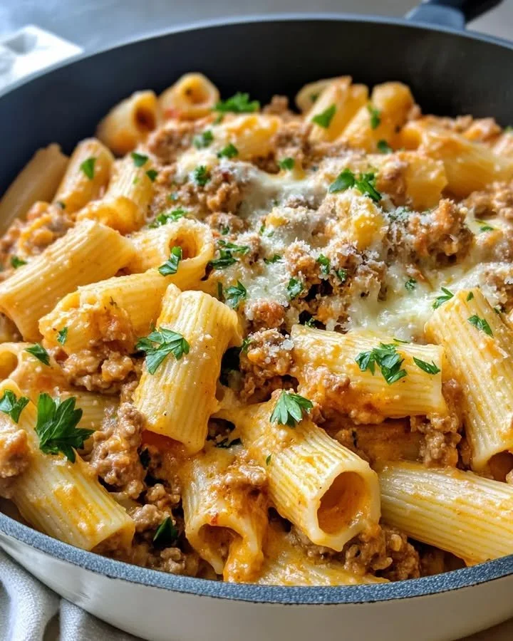 Delicious ground beef creamy shells pasta served in a bowl.