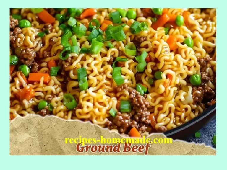 Ground Beef Ramen Skillet dish with noodles and vegetables