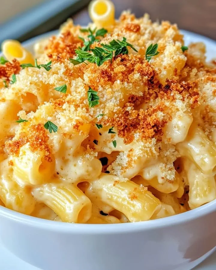 Delicious holiday baked macaroni pasta dish served with a golden cheese topping.