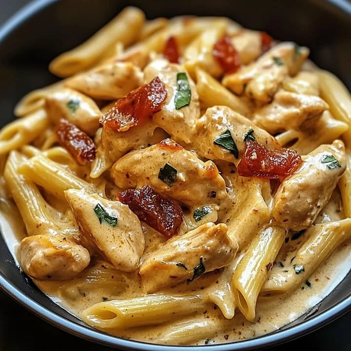 Creamy chicken pasta dish with rich sauce and garnished herbs