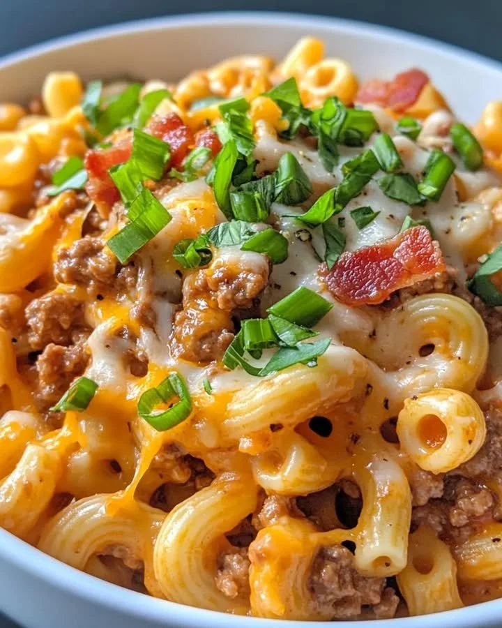 Delicious loaded cheeseburger macaroni pasta served in a bowl