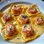Lobster ravioli served with creamy tomato vodka sauce on a plate.