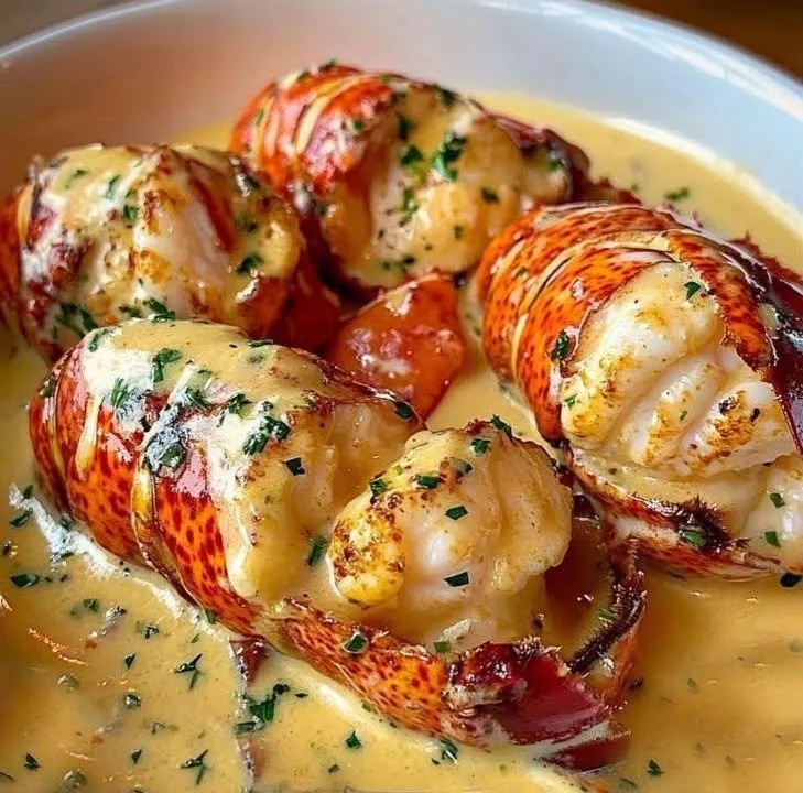 Lobster served with a rich butter sauce garnished with herbs