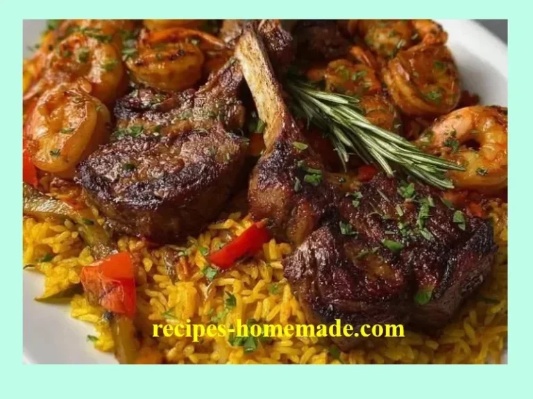 Luxury surf and turf dish with lamb chops and garlic butter shrimp