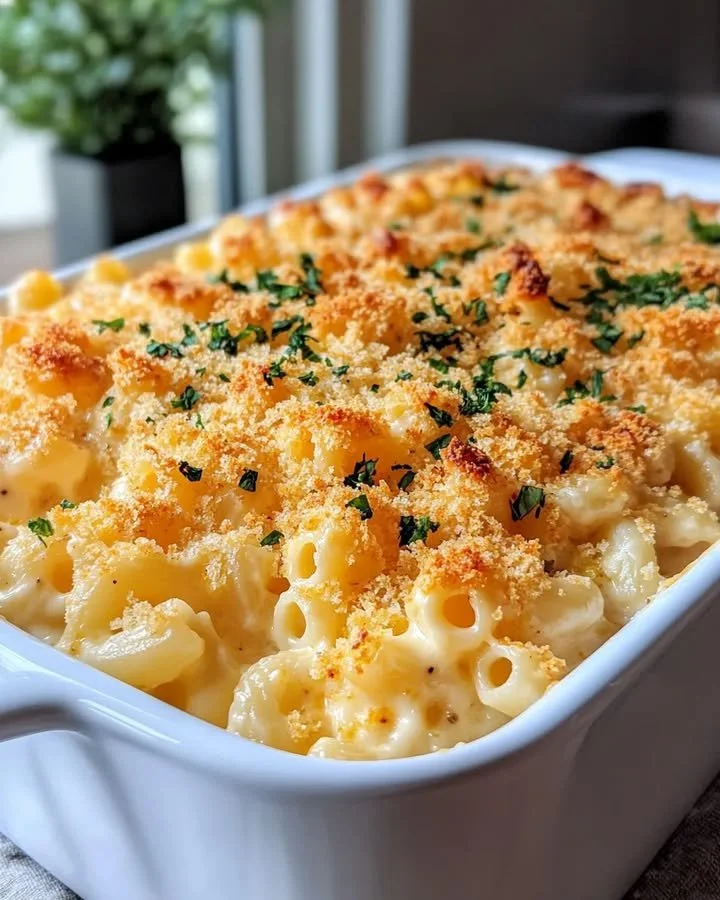 Delicious Mac and Cheese Style Pasta Bake served in a baking dish