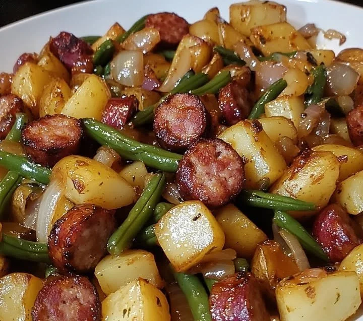 Delicious one pan sausage with green beans and potatoes meal prepared and served