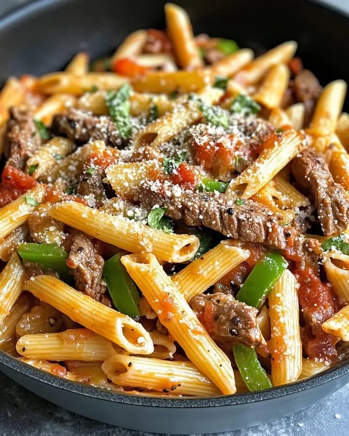 Philly Cheesesteak Pasta Skillet topped with cheese and peppers